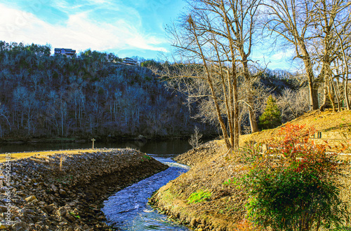 A shot looking out over the creek that runs into the White River at the Bull Shoals/White River State Park and Campground below the dam in Bull Shoals, Arkansas  photo