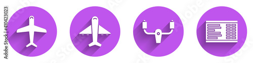 Set Plane, Plane, Aircraft steering helm and Airport board icon with long shadow. Vector.