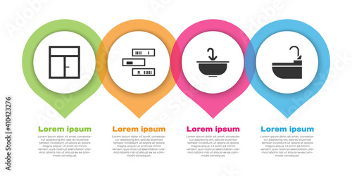 Set Window in the room, Shelf with books, Washbasin with water tap and Washbasin with water tap. Business infographic template. Vector.