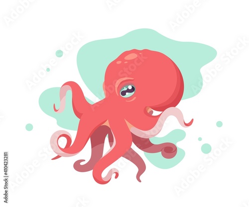 Red octopus cartoon character. Aquatic fauna, ocean creatures. Vector illustration of colored octopus for zoo ad, nature concept, children book illustrating.