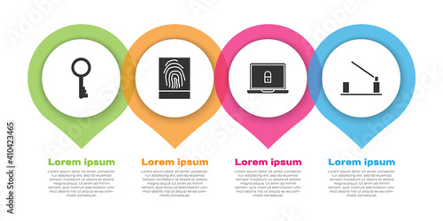 Set Old key, Fingerprint, Laptop and lock and Parking car barrier. Business infographic template. Vector.