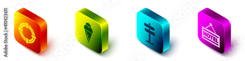 Set Isometric Lifebuoy, Ice cream in waffle cone, Road traffic signpost and Signboard with text Hotel icon. Vector.