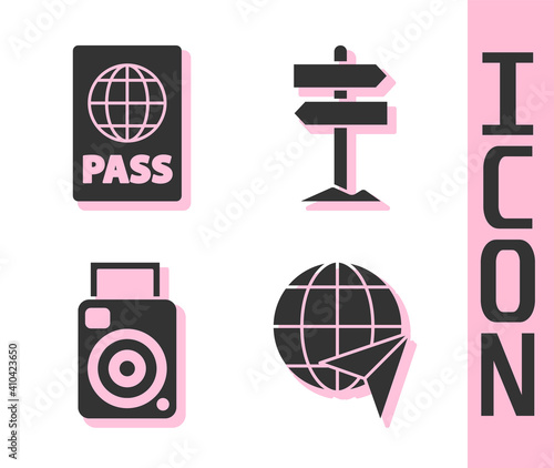 Set Globe with flying plane, Passport, Photo camera and Road traffic signpost icon. Vector.