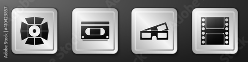 Set Movie spotlight, VHS video cassette tape, 3D cinema glasses and Play Video icon. Silver square button. Vector.