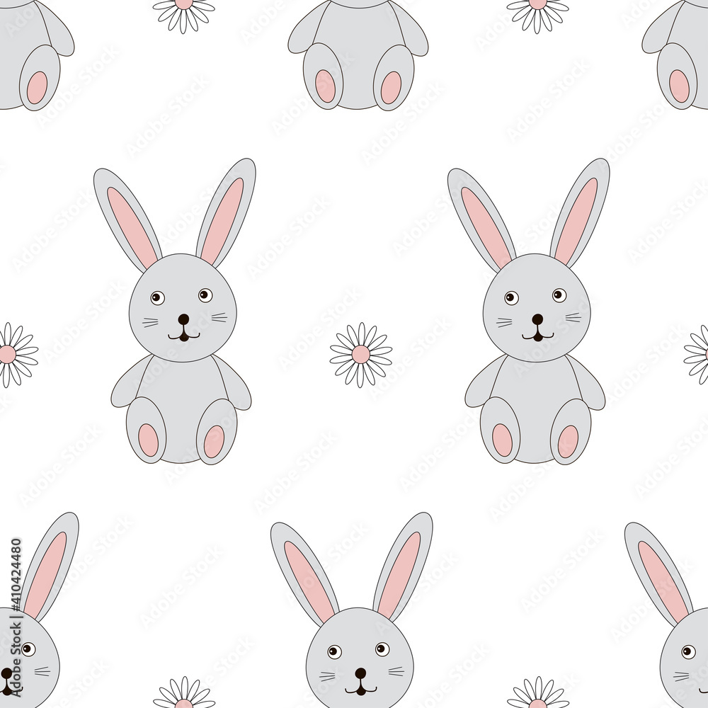 Cute bunny and flowers seamless pattern. Rabbit digital paper.