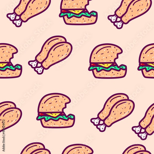 Seamless pattern design of doodle cartoon burger and chicken