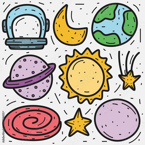 cute doodle planet designs for coloring, backgrounds, stickers, logos, symbol, icons and more