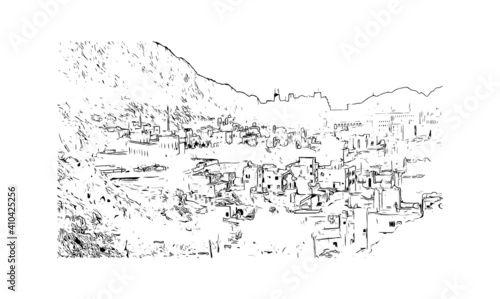 Building view with landmark of Muscat is the
capital of Oman. Hand drawn sketch illustration in vector.