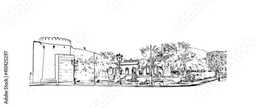 Building view with landmark of Muscat is the
capital of Oman. Hand drawn sketch illustration in vector.