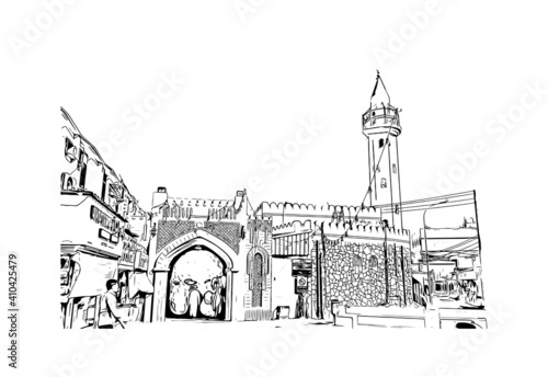 Building view with landmark of Muscat is the
capital of Oman. Hand drawn sketch illustration in vector.
