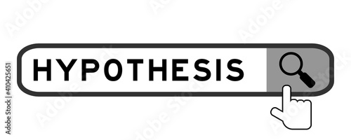 Search banner in word hypothesis with hand over magnifier icon on white background
