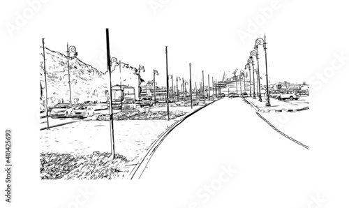 Building view with landmark of Muscat is the
capital of Oman. Hand drawn sketch illustration in vector.