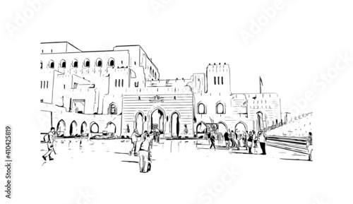 Building view with landmark of Muscat is the
capital of Oman. Hand drawn sketch illustration in vector.