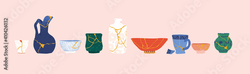 Kintsugi pottery vector bundle. Japanese ceremony tableware with mosaic pattern. Golden crackle cup or plate with marble lines. Antique handmade restoration concept. Broken vintage utensil.