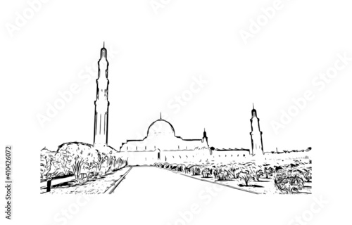 Building view with landmark of Muscat is the
capital of Oman. Hand drawn sketch illustration in vector.