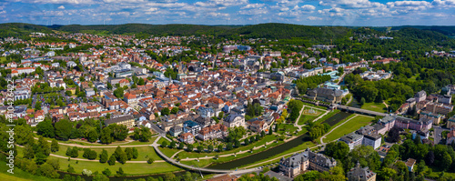 Aerial view of the old town of the city Bad Kissingen in Germany on a sunny day in spring.	 photo