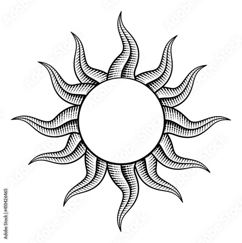 A sun or star outline border frame drawing in a retro woodcut vintage engraved style