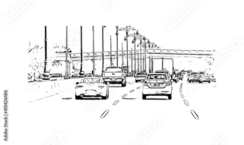 Building view with landmark of Muscat is the
capital of Oman. Hand drawn sketch illustration in vector.