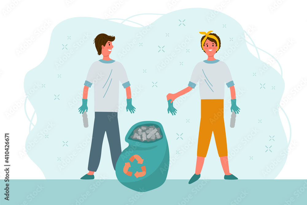 Eco-illustration people clean up waste. A man and a girl sort the waste and use an eco-friendly bag and a reusable cup. Eco-friendly vector cartoon characters template. Save the planet sort the waste