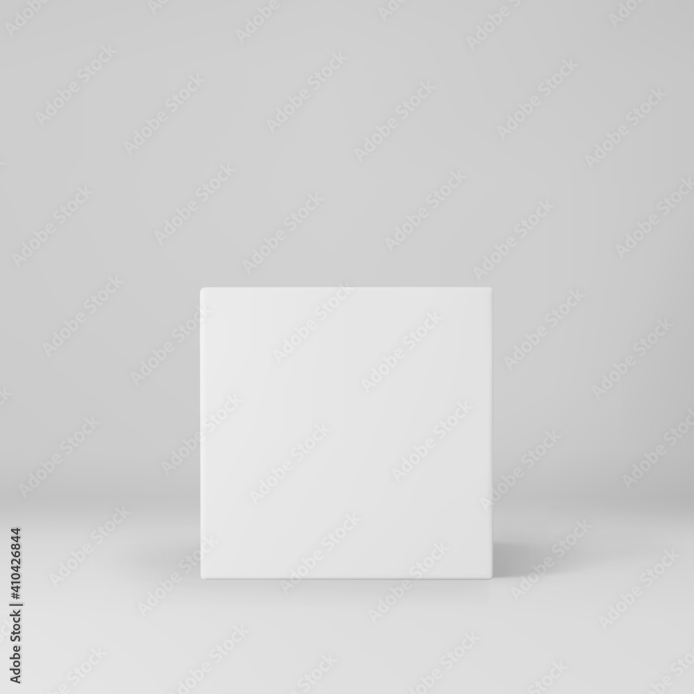 White 3d cube with perspective isolated on grey background. 3d modeling box with lighting and shadow. Realistic vector icon White 3d cube with perspective isolated on grey background. 3d modeling box with lighting and shadow. Realistic vector icon
