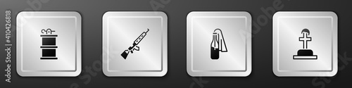 Set Hand smoke grenade, Sniper rifle with scope, Cocktail molotov and Soldier grave icon. Silver square button. Vector.