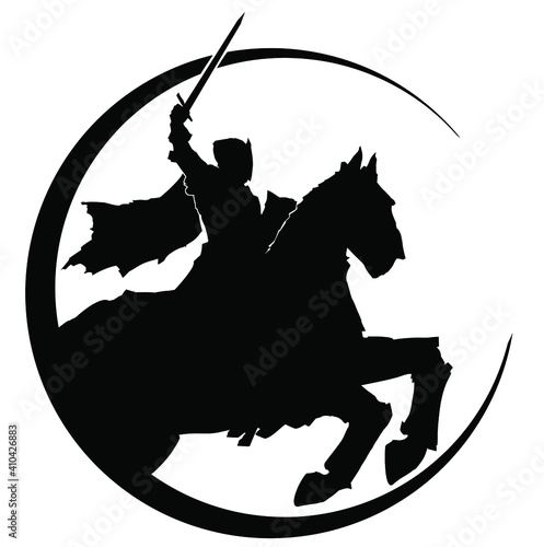A black silhouette of a knight in armor with a sword and shield, riding a horse, his cloak fluttering in the wind, he is surrounded in a perfect circle. 2d illustration