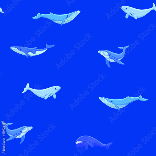Simple seamless trendy pattern with different types of whales. Flat design print on white background.