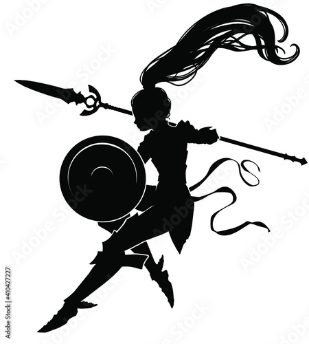 The black silhouette of an Amazon girl floating in the air with a shield and spear at the ready, her hair flying beautifully in the air. 2d illustration
