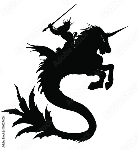 Black silhouette of a female underwater queen, sword in hand, riding a magical underwater unicorn, a crown on her head, her eyes glowing in the dark. 2d illustration