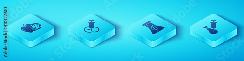 Set Isometric Genetically modified apple, meat, Gmo research chicken and Test tube and flask icon. Vector.