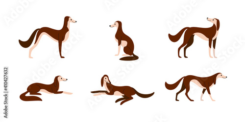 Cartoon dog icon set. Different poses of russian wolfhound. Vector illustration for prints, clothing, packaging, stickers.