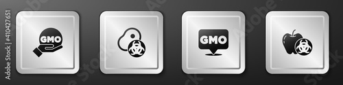 Set GMO, Genetically modified meat, and apple icon. Silver square button. Vector.