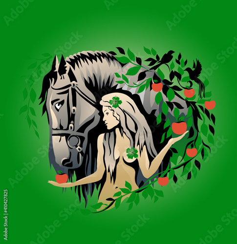 Woman Eve and horse in the garden of Eden. Vector illustration.