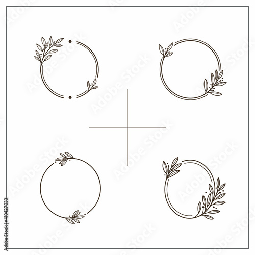 Round botanical frame element with laurel. Simple contour vector illustration for packaging, corporate identity, labels, postcards, invitations.
