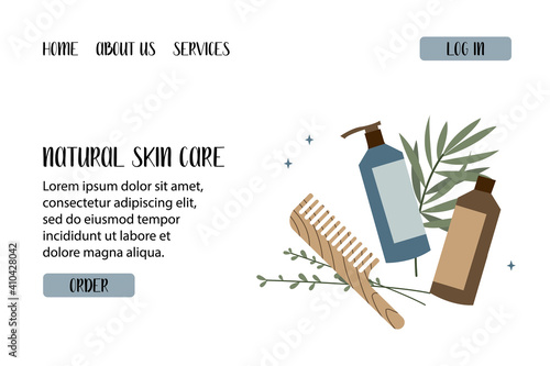 Natural skin care. Organic cruelty-free cosmetics. Vegan makeup. Herbal beauty products for face and body care. Vector flat cartoon illustration. Perfect for landing page, banner design, website