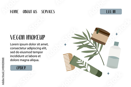 Natural skin care. Organic cruelty-free cosmetics. Vegan makeup. Herbal beauty products for face and body care. Vector flat cartoon illustration. Perfect for landing page, banner design, website