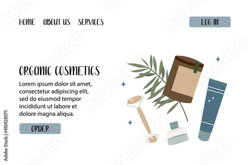 Natural skin care. Organic cruelty-free cosmetics. Vegan makeup. Herbal beauty products for face and body care. Vector flat cartoon illustration. Perfect for landing page, banner design, website