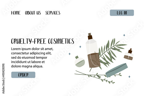 Natural skin care. Organic cruelty-free cosmetics. Vegan makeup. Herbal beauty products for face and body care. Vector flat cartoon illustration. Perfect for landing page, banner design, website