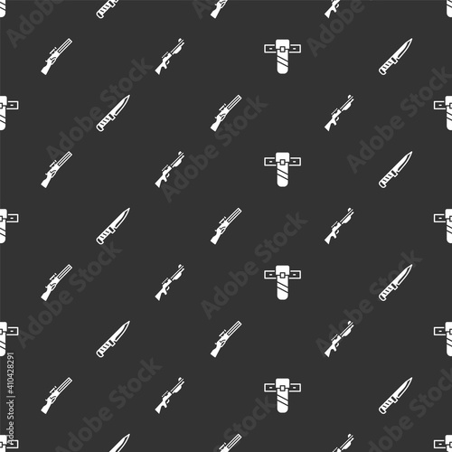 Set Knife holster, Military knife, Hunting gun and on seamless pattern. Vector.