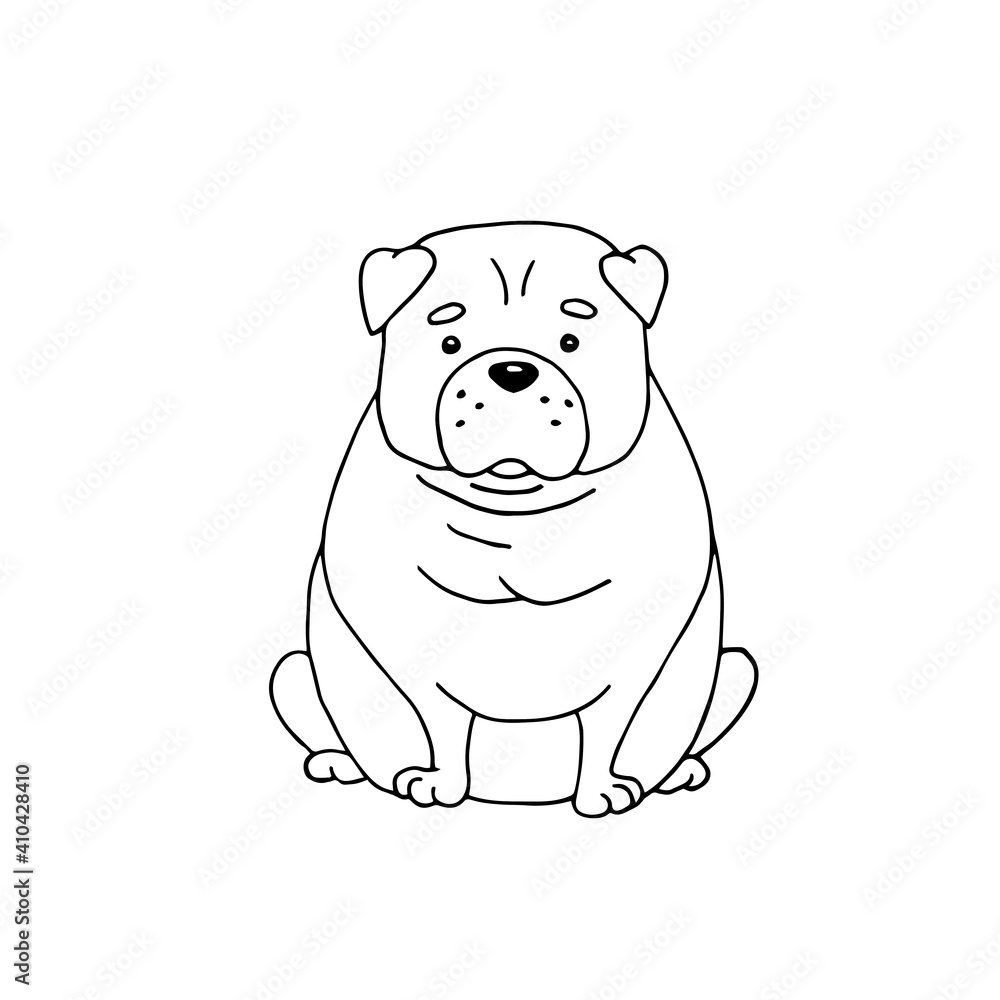 Bulldog dog breed. Pets. Vector hand-drawn doodle illustration. Black and white outline. Coloring