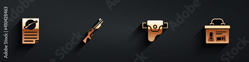 Set Firearms license certificate, Hunting gun, Gun holster and Military ammunition box icon with long shadow. Vector.