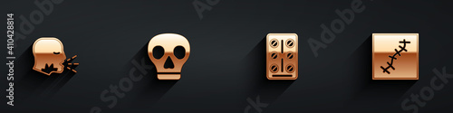 Set Man coughing, Skull, Pills blister pack and Scar with suture icon with long shadow. Vector.