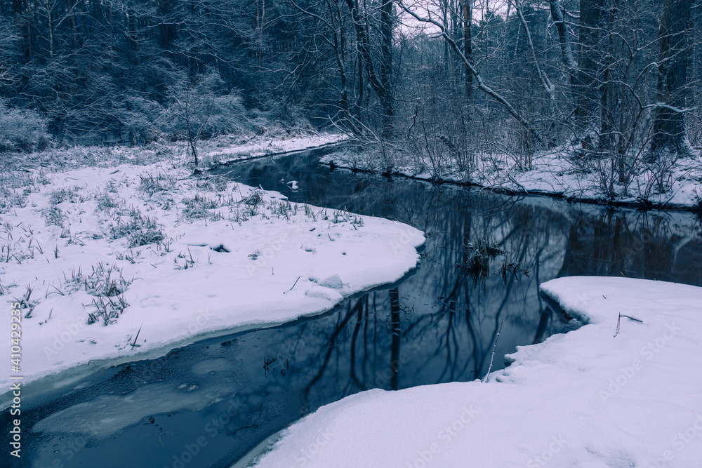 Mala River at winter in Chojnowski landscape park near Konstancin-Jeziorna, Masovia, Poland