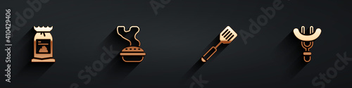 Set Barbecue coal bag, Homemade pie, Spatula and Sausage on the fork icon with long shadow. Vector.