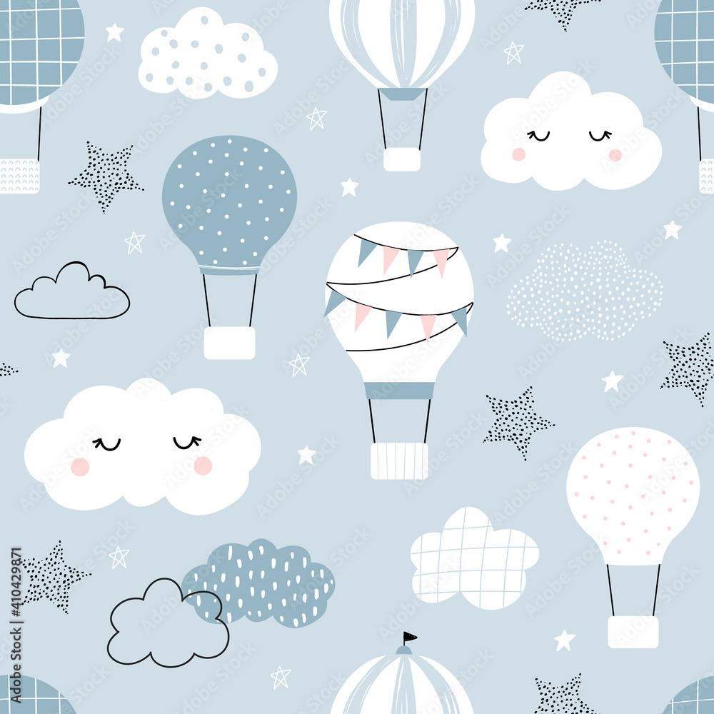 Vector hand-drawn seamless repeating children simple pattern with air balloons, clouds and stars in Scandinavian style on a blue background. Kids seamless pattern with air balloons. Funny transport.