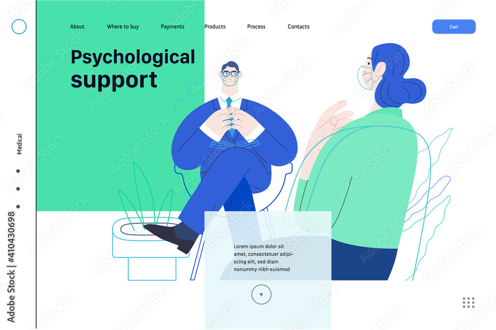 Medical insurance web template -psychological support -modern flat vector concept illustration of therapist wearing glasses, taking session notes in notepad, female patient talking about her problem
