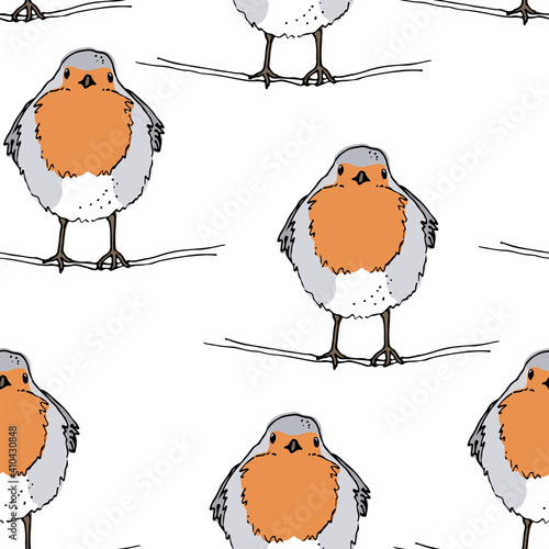 Robin bird hand drawn vector seamless pattern, The European robin colored illustration, isolated on white background
