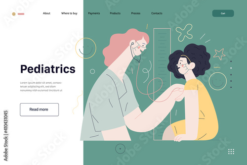 Pediatrics - medical insurance -modern flat vector concept digital illustration - female pediatrician carrying out the auscultation of a little girl with a stethoscope, medical office or laboratory