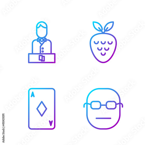 Set line Poker player, Playing card with diamonds, Casino dealer and Casino slot machine with strawberry. Gradient color icons. Vector.