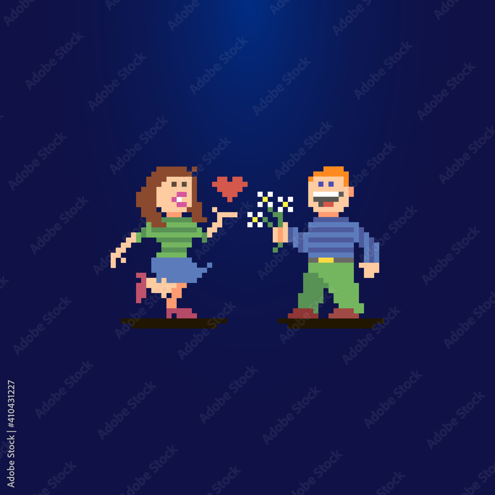 colorful simple flat pixel art illustration of date of a girl and a boy. the guy has a bouquet in his hand and the girl holds a heart in her hand